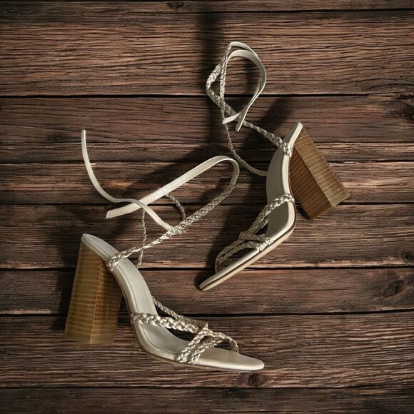 RAYE Gold Beige Braided Leather Laceup Heels Sandals Size 8 - Picture 1 of 11
